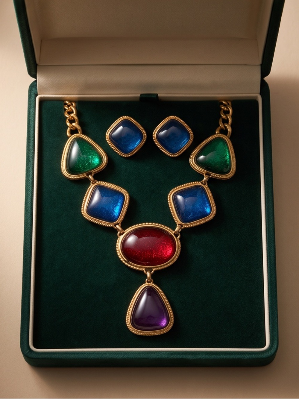 Kenneth Jay Lane Multicolor Cabochon Gold-Tone Necklace and clip on earrings set - Picture 1 of 4